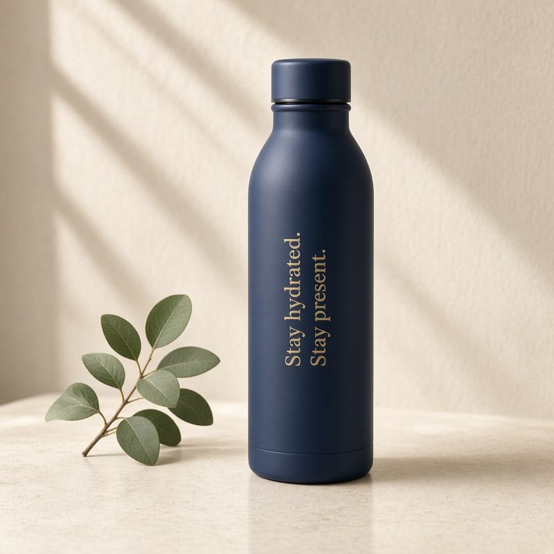 Insulated bottle printed with Stay hydrated. Stay present.